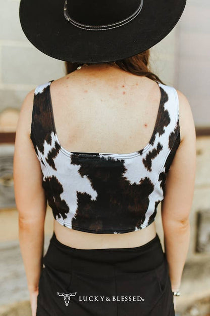 Brown Cow Printed Thick Strap Corset Top Lucky &amp; Blessed