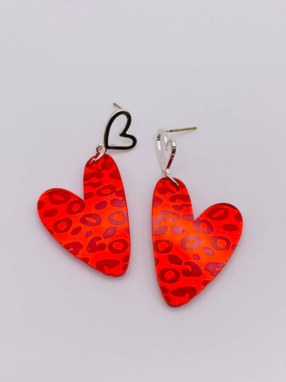VALENTINE LEOPARD SILVER HEART RED MIRROR EARRINGS    