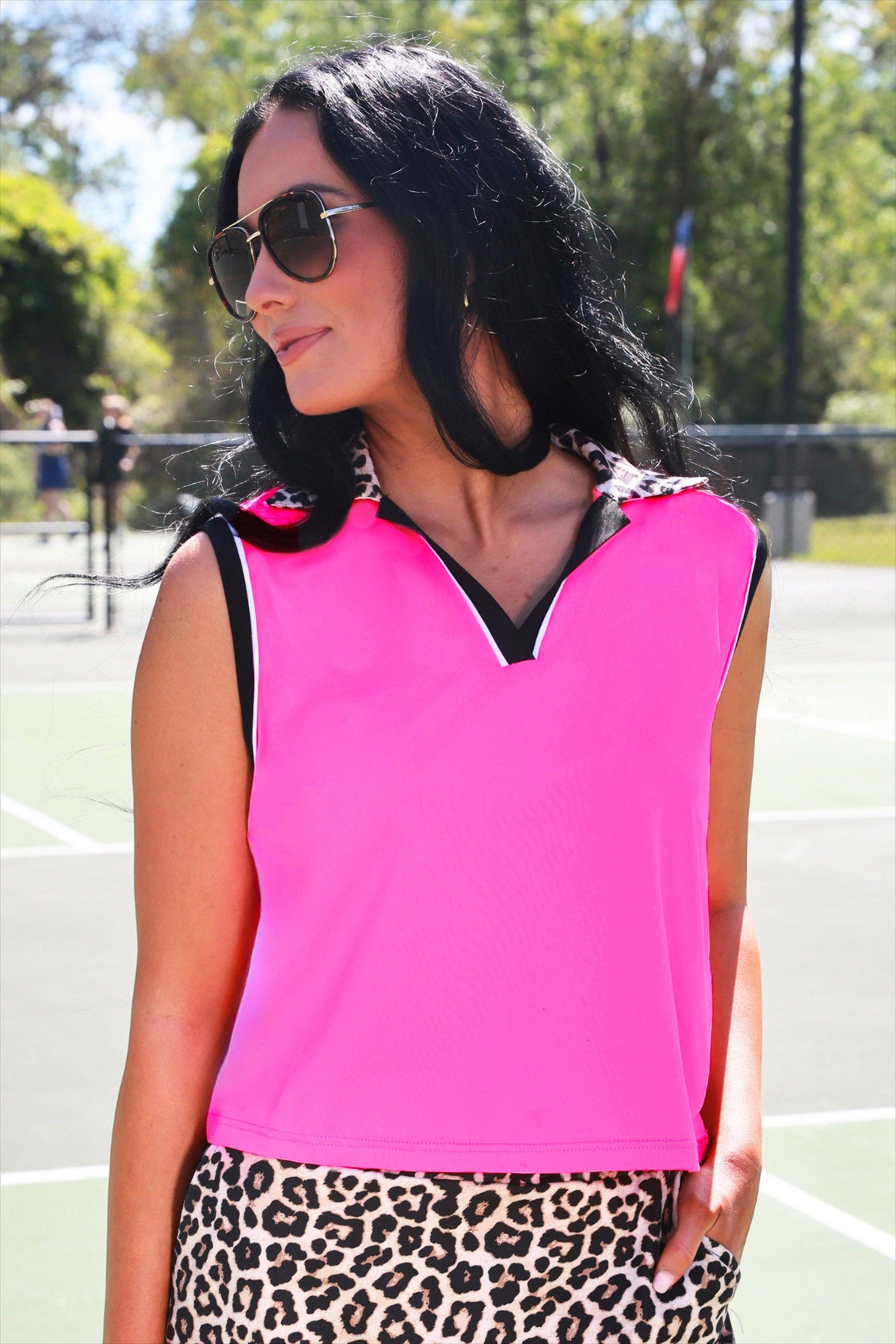 Everyday Polo Tank- Neon Pink Safari Chic: Pink/Leopard / 2XL