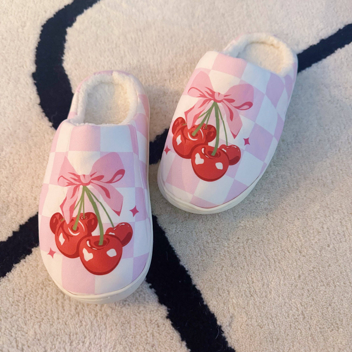 Cherry Bow Check Lounge Slippers - Sweet &amp; Cozy: S/M
