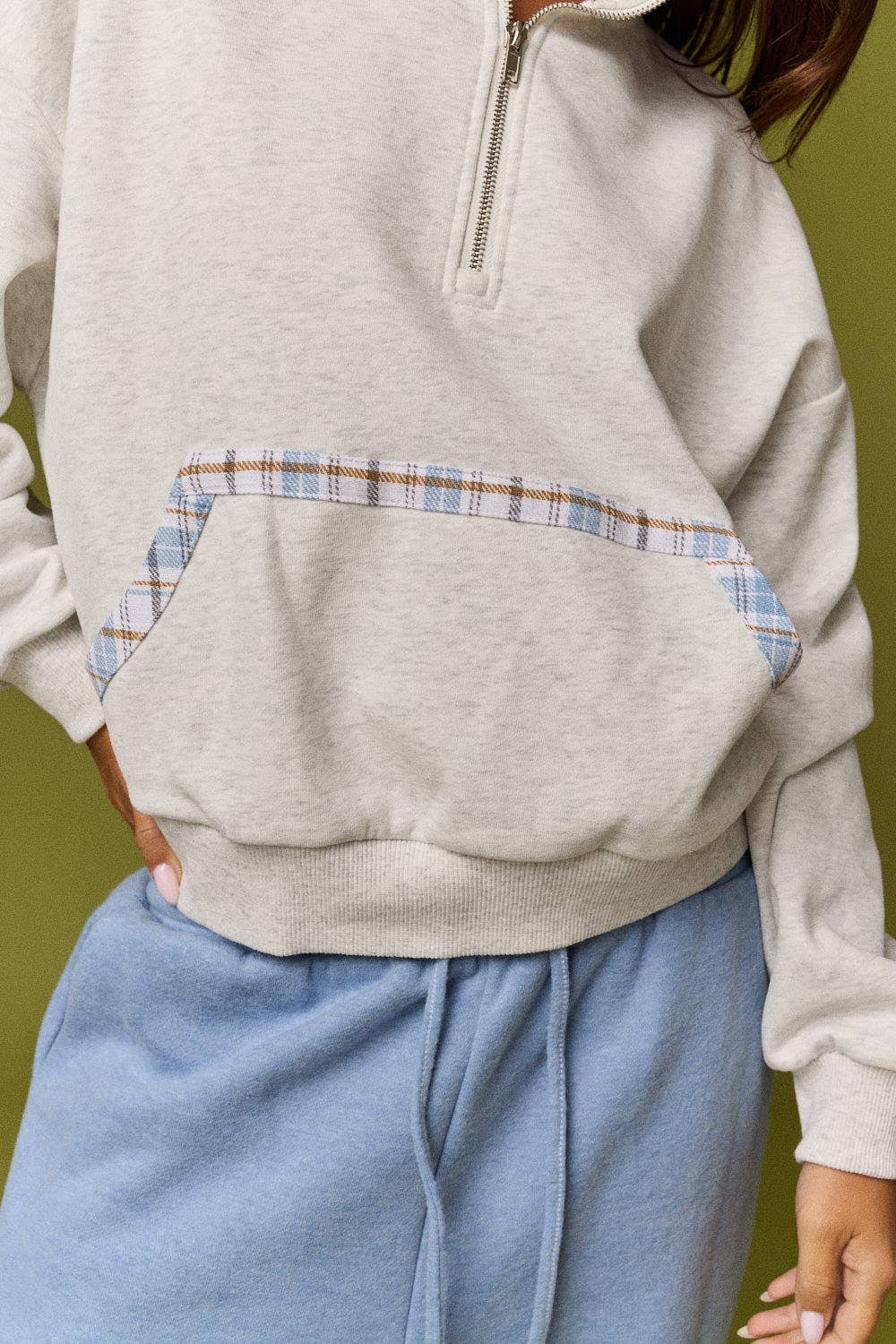 PT20138 Caroline Plaid Trim Quarter Zip Pullover: NAVY / S-M-L (2-2-2)