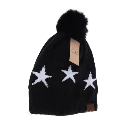 Star Print Pom C.C Beanie HAT4023: White