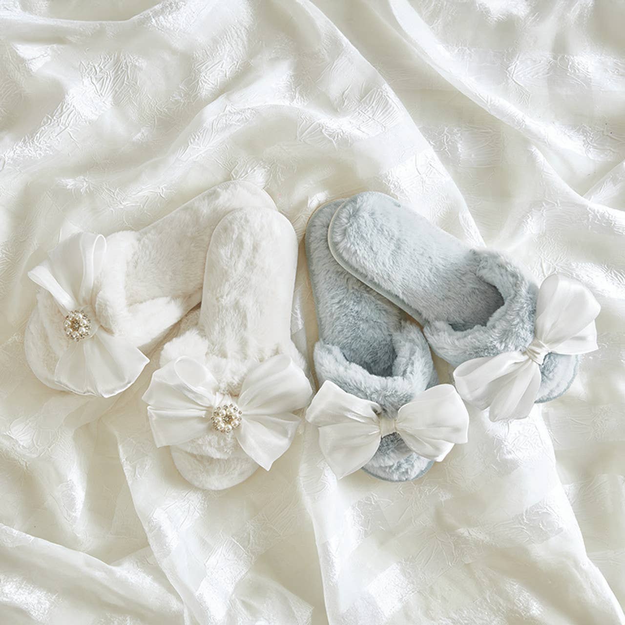 Bella Bridal Plush Slippers - White Crystal Bow: Base Material: 100% Polyester