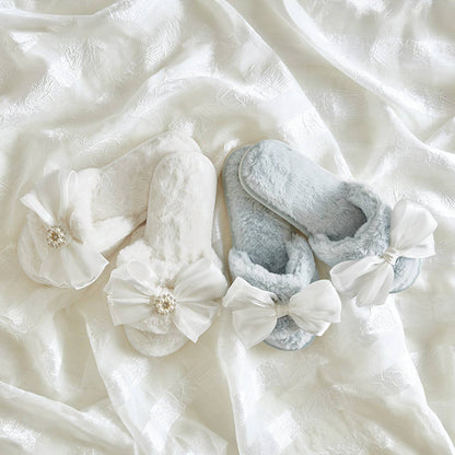 Bella Bridal Plush Slippers - White Crystal Bow: Base Material: 100% Polyester