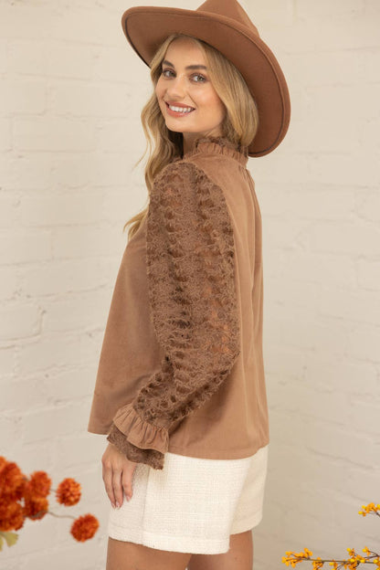 Voy Lace Long Sleeve Ruffle Detailed Corduroy Top: Brown