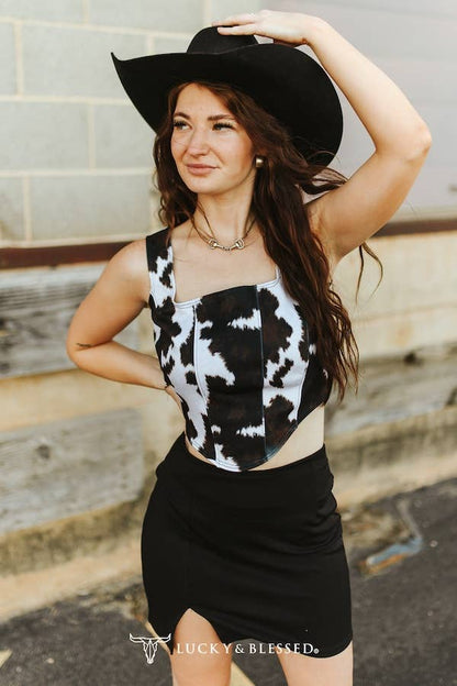 Brown Cow Printed Thick Strap Corset Top Lucky &amp; Blessed