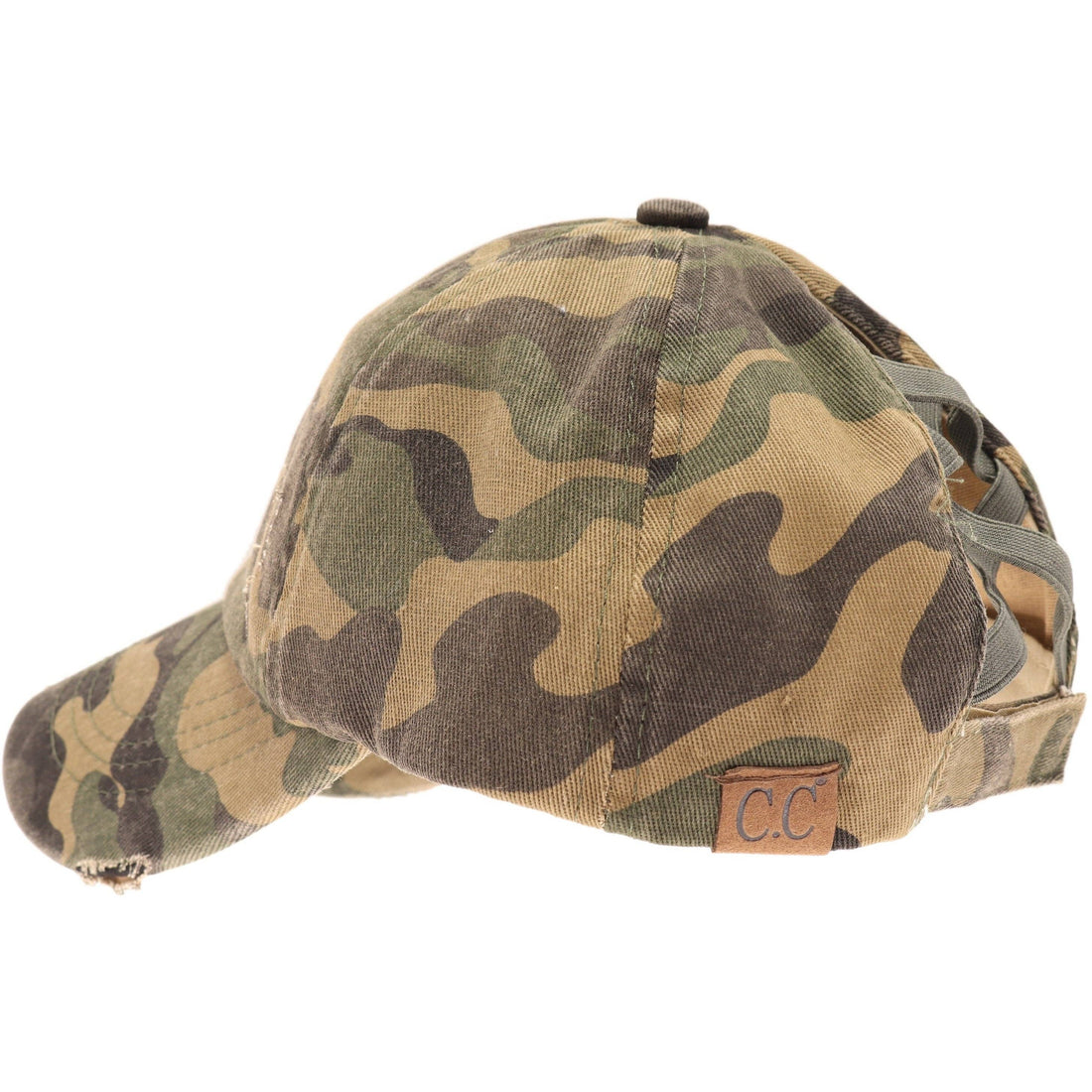 Washed Denim Criss-Cross High Ponytail CC Ball Cap BT799C: Olive Camo