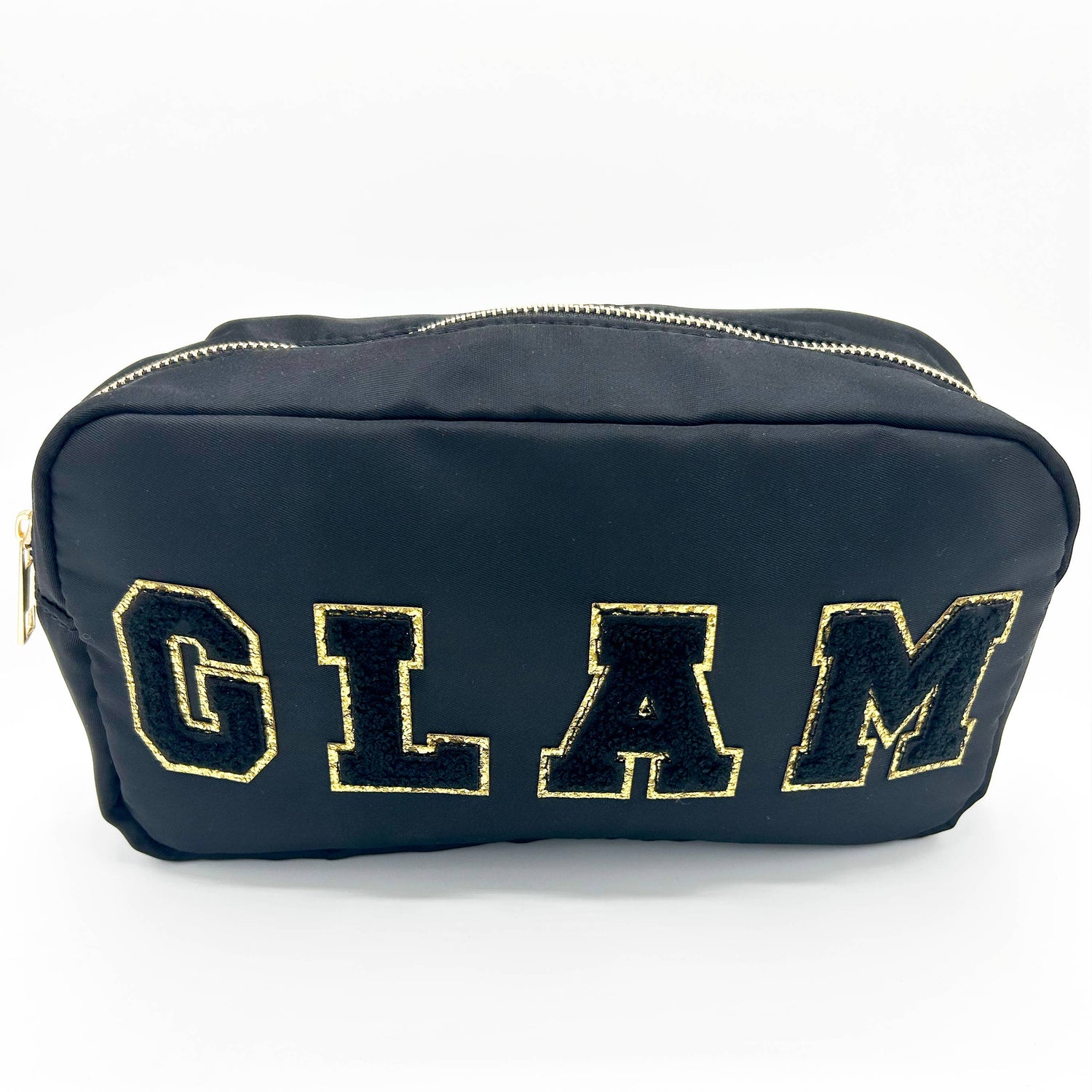 Cosmetic or Toiletry Bag with Varsity Letter Patches: Black with GLAM