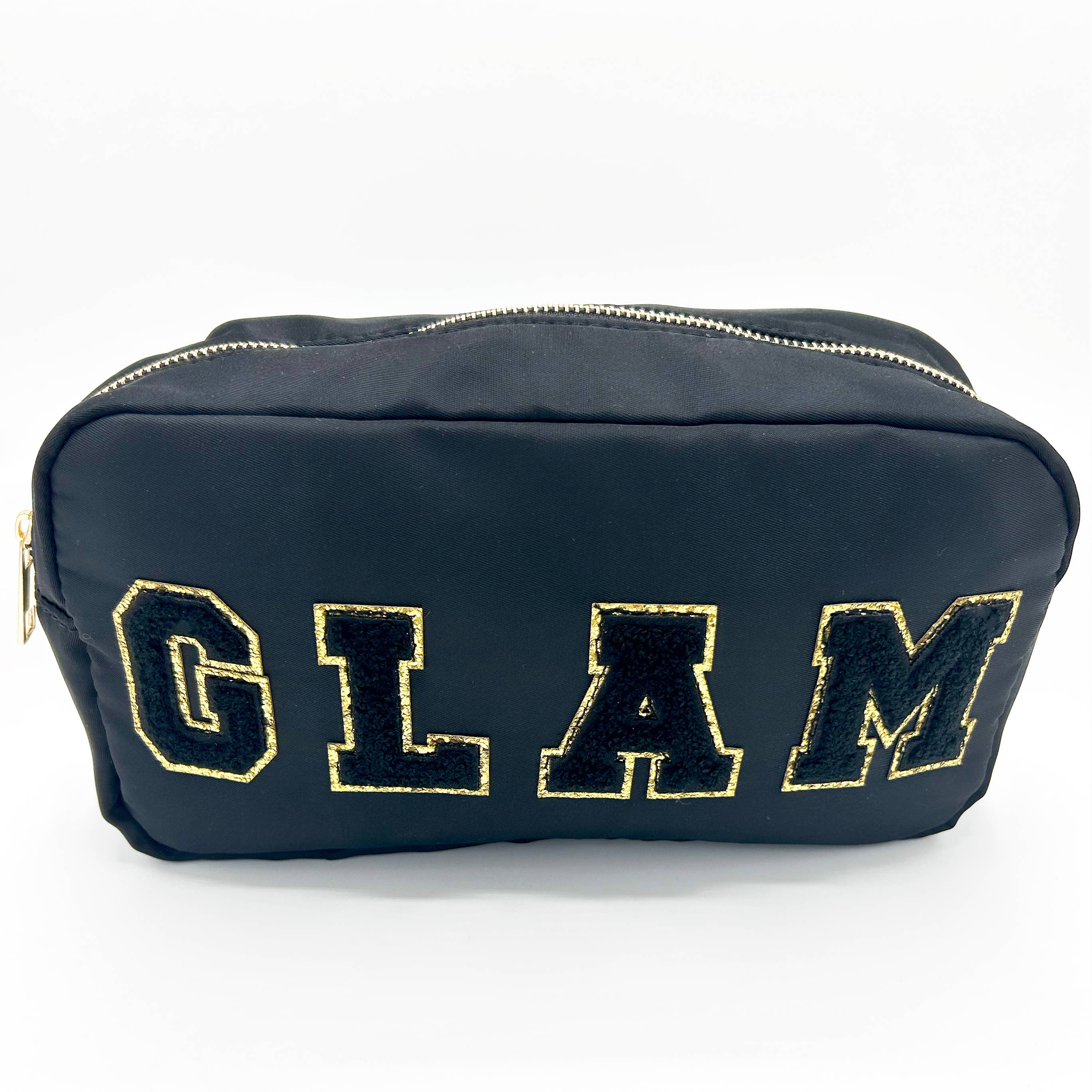 Cosmetic or Toiletry Bag with Varsity Letter Patches: Black with GLAM