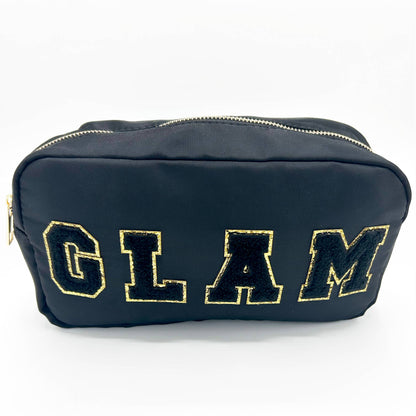 Cosmetic or Toiletry Bag with Varsity Letter Patches: Black with GLAM