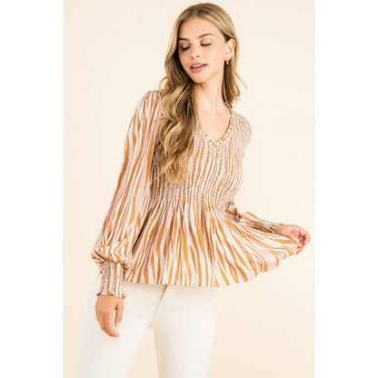 Smocked Zebra Print Top: GRAY / M