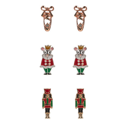 3Pairs - Nutcracker Soldier Mouse King Ballet Shoe Stud Earring Set: Red