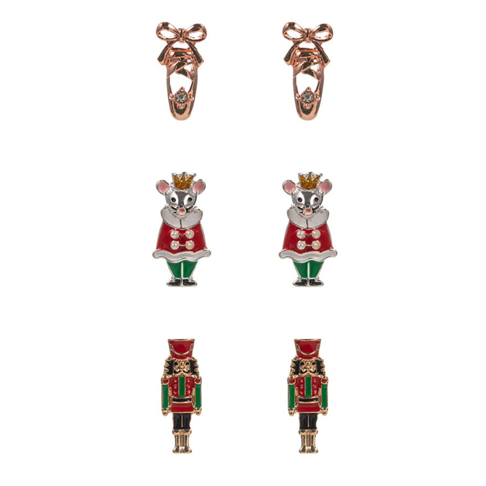 3Pairs - Nutcracker Soldier Mouse King Ballet Shoe Stud Earring Set: Pink