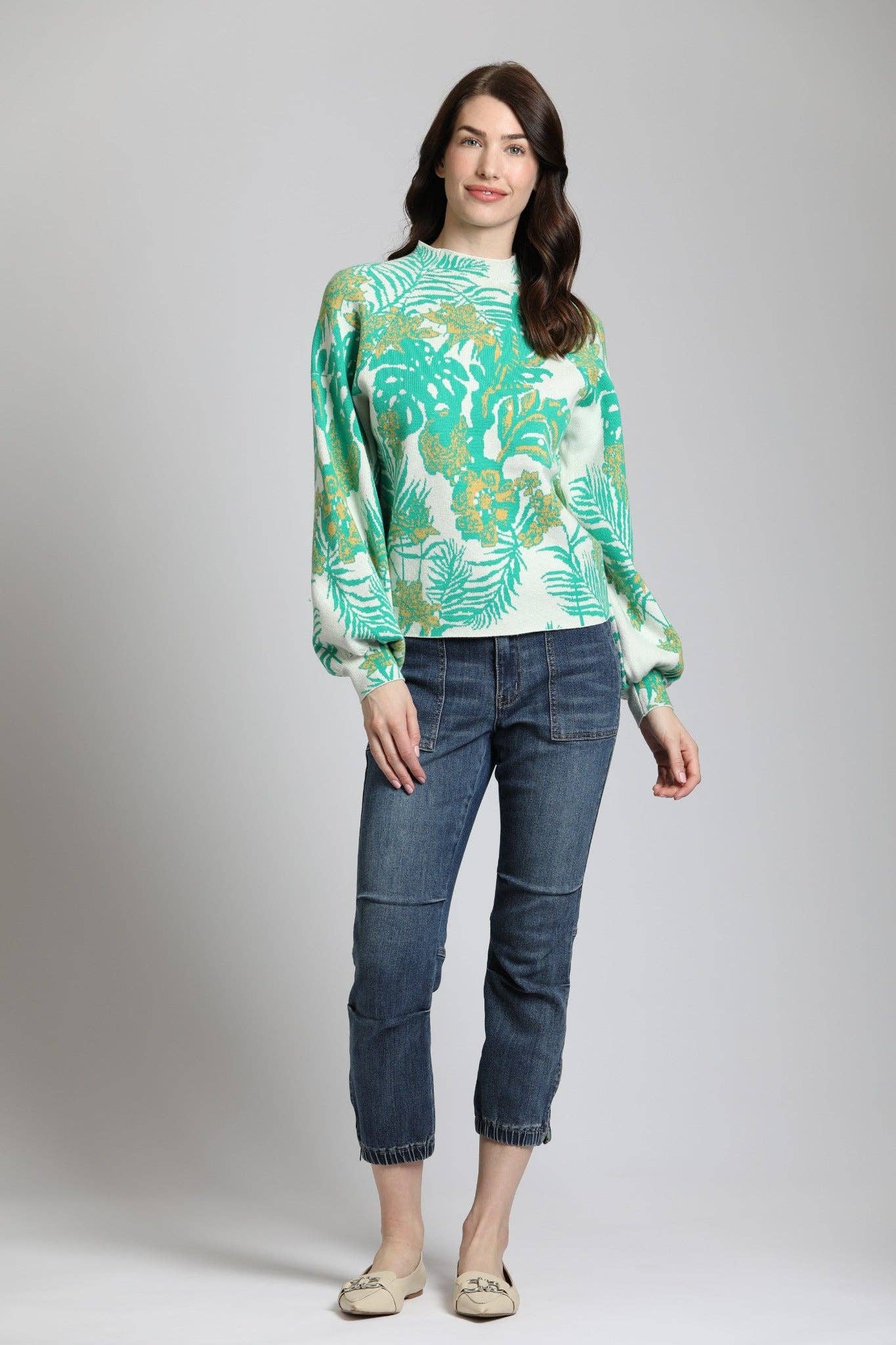 Ivory Foliage Sweater w/Puff Sleeve: MULTI / S