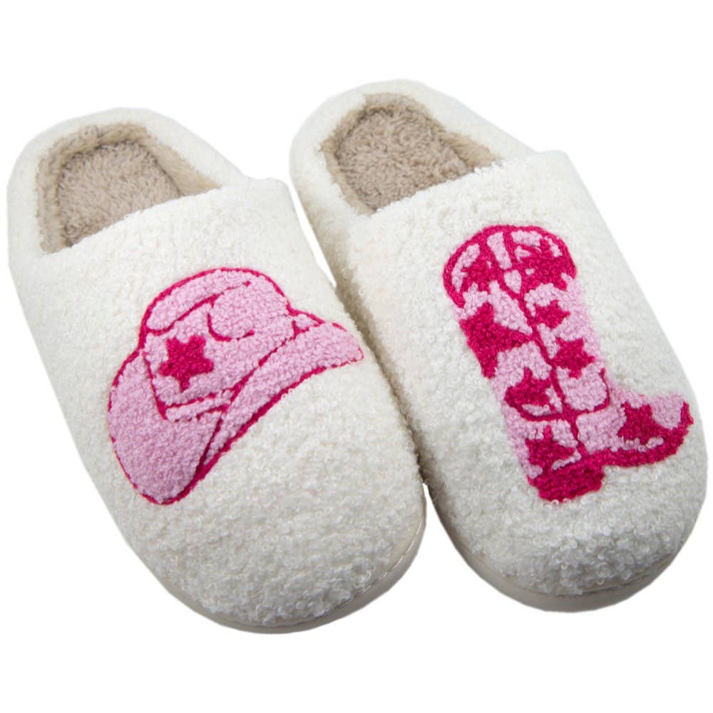 Boot and Cowgirl Hat Western Slippers: White / L/XL
