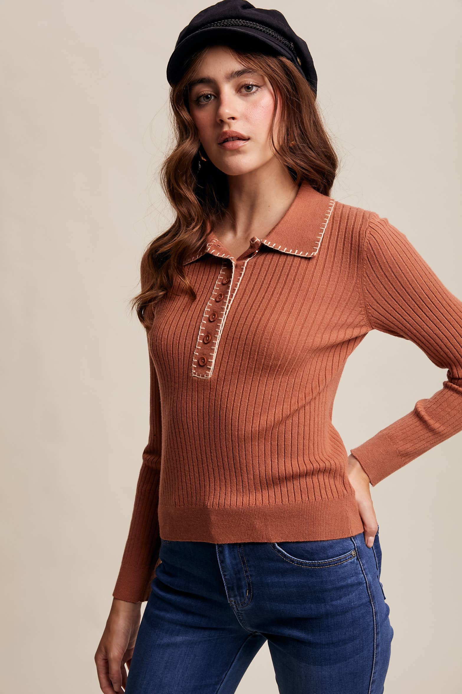 Contrast Stitch Ribbed Knit Top LSW0998: Black / M