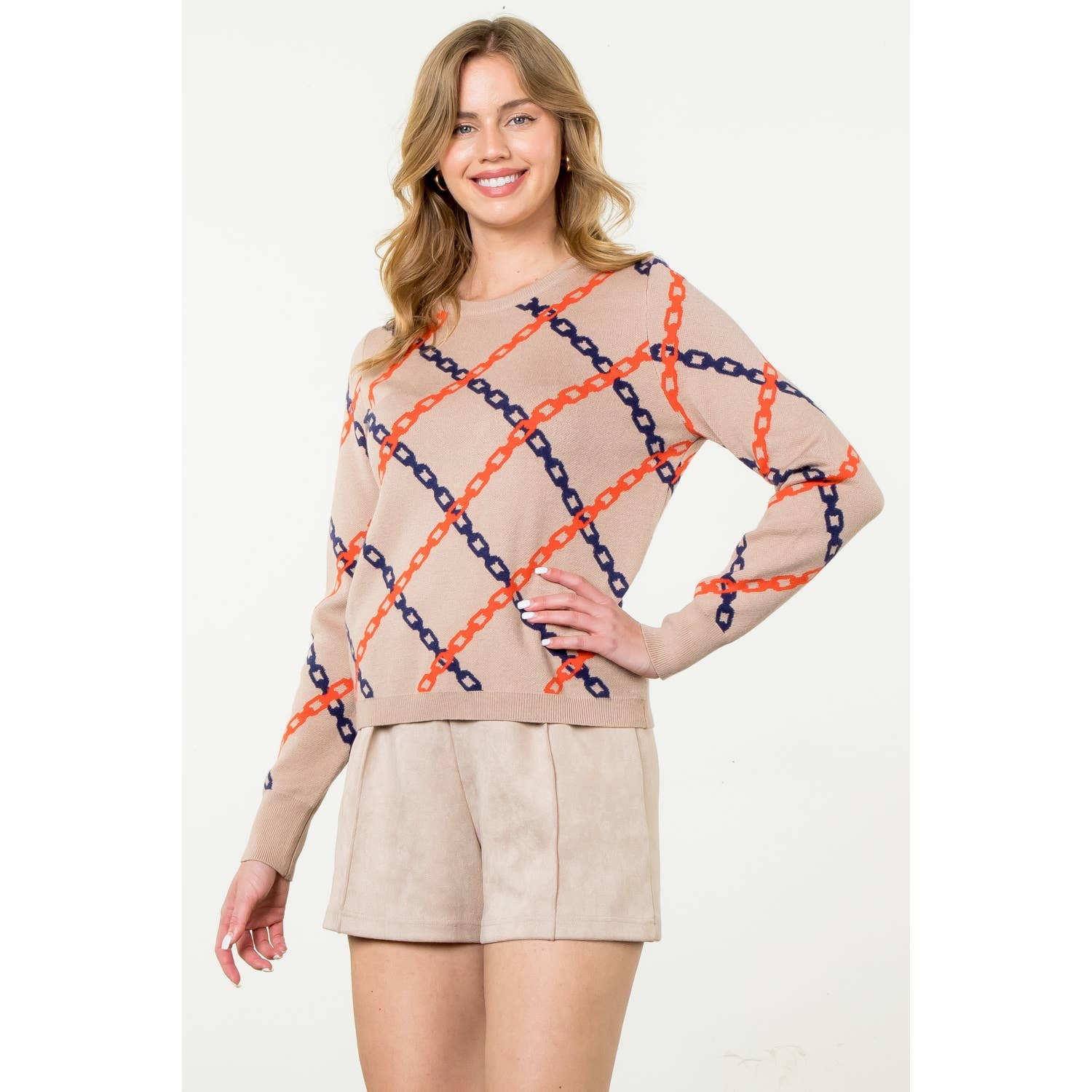 Chain Print Sweater: TAUPE / L