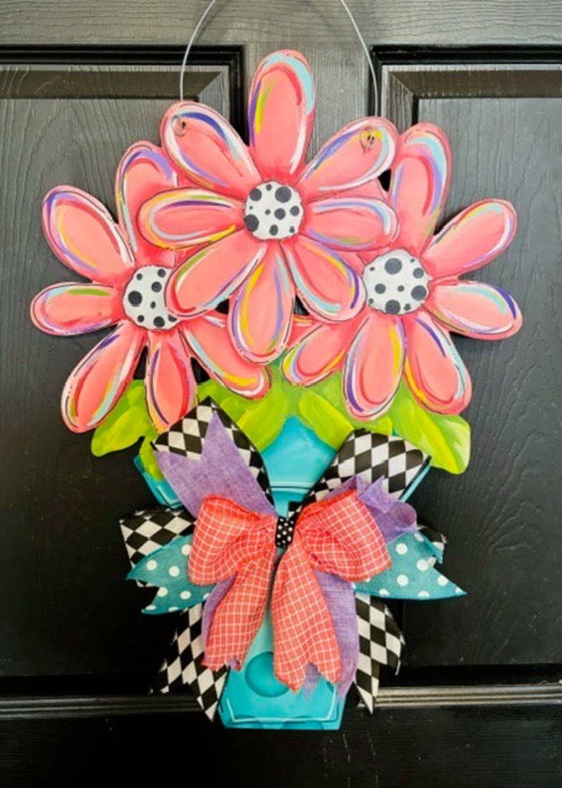 Spring/Summer Colorful Pot with 3 Flowers w/ Bow / Printed-Coral Door Hanger