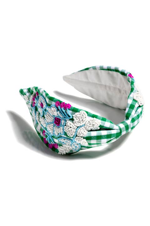 EMBELLISHED CHECK WIDE HEADBAND: GREEN