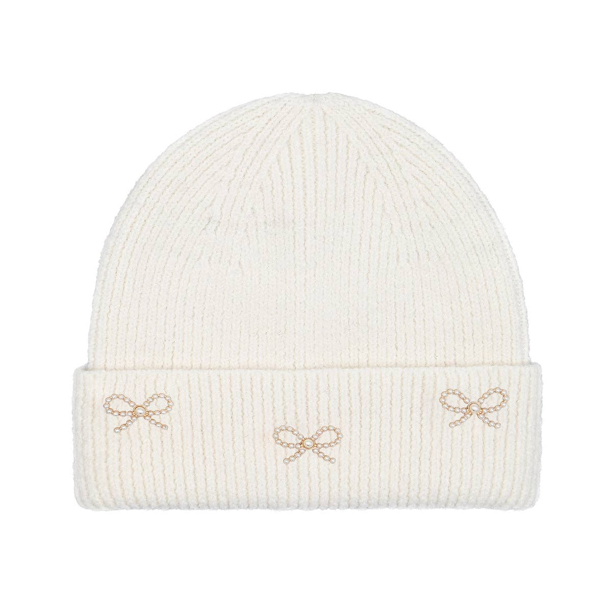 Pearl Bow Embellished Cuff C.C Beanie HTE0148: Ivory