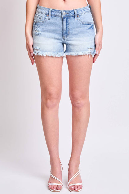 Mid Rise Frey Hem Short with Satin Bow : Light Medium Wash / Junior / 11