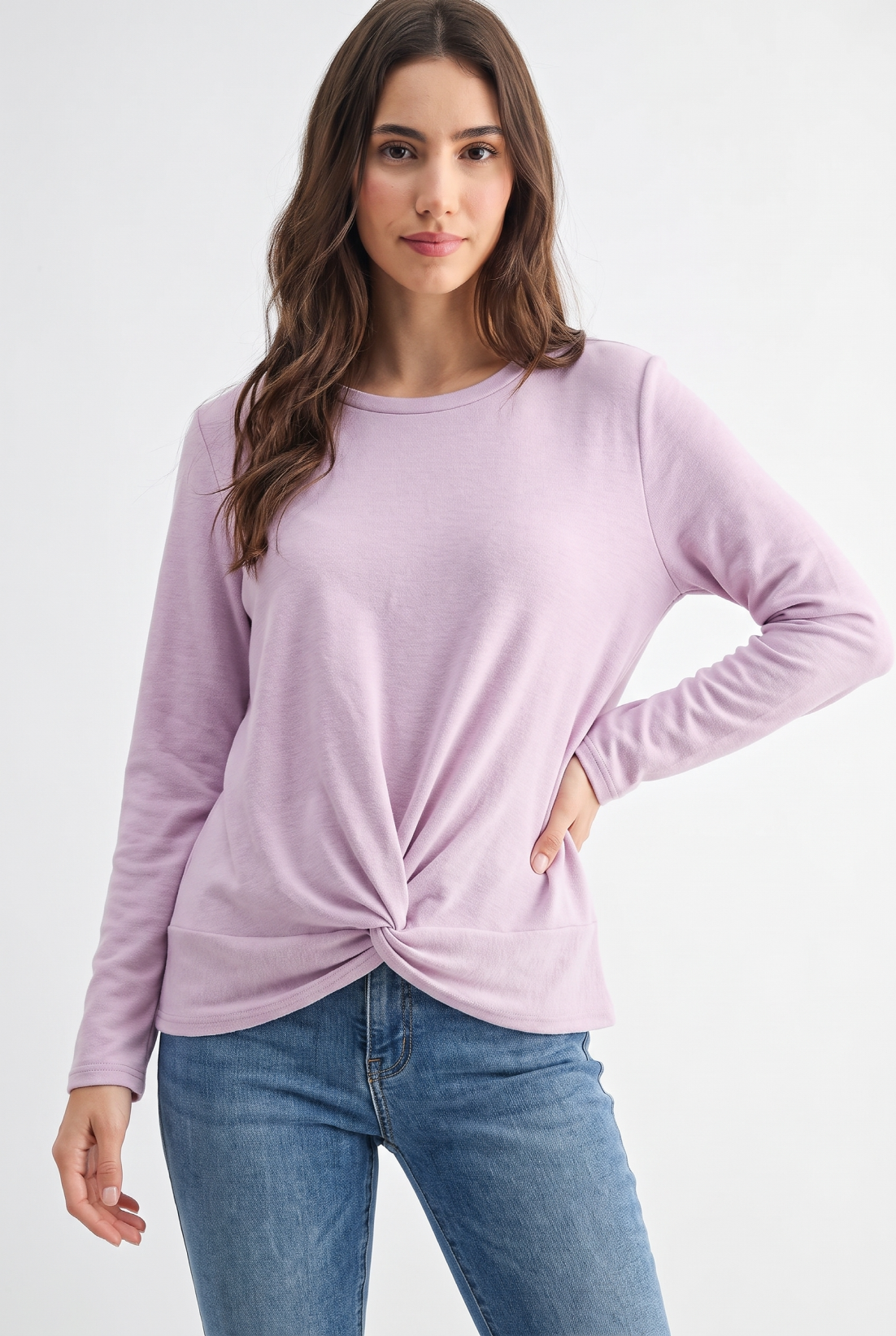 C12080AT Twist Knot Long Sleeve Top: BABY BLUE / S-M-L (2-2-2)