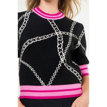 THML Short Sleeve Knit Top: BLACK WITH PINK TRIM / XS
