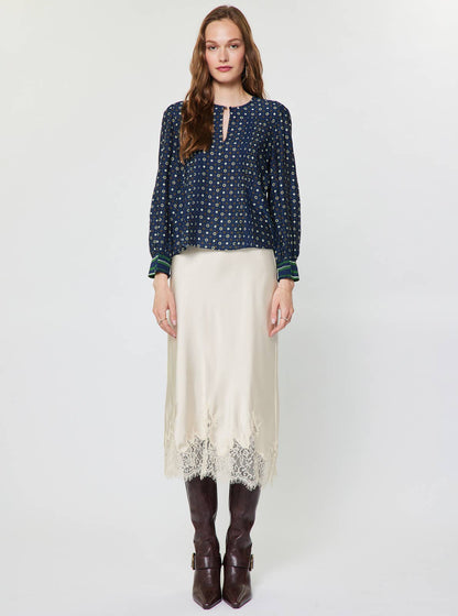 Geo Foulard Print Long Sleeve Blouse: Navy Multi