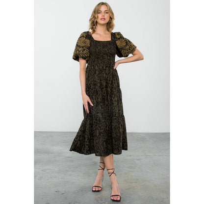 Olive Puff Sleeve Cheetah Print Midi Dress with Tiers: OLIVE