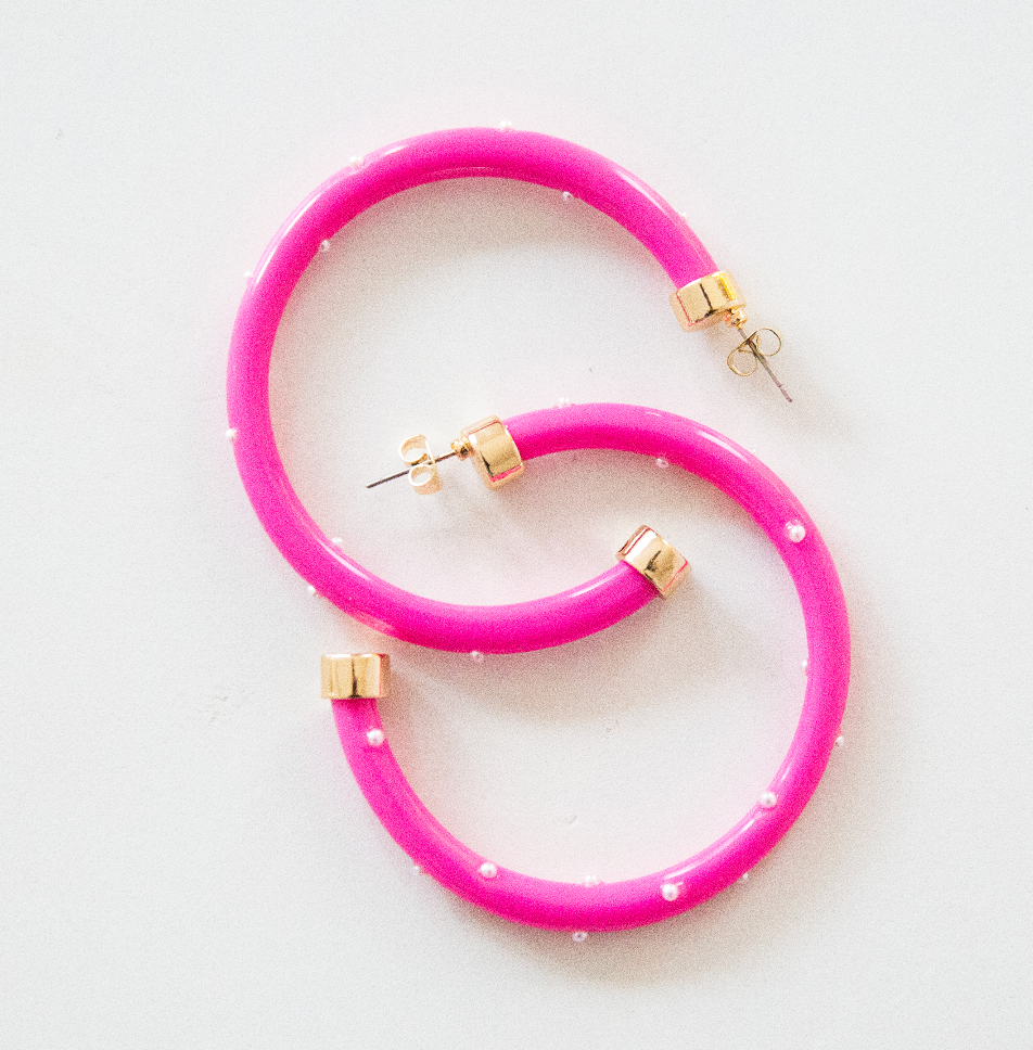 Lightweight Large Hoop Earrings - Hot Pink with Pearls