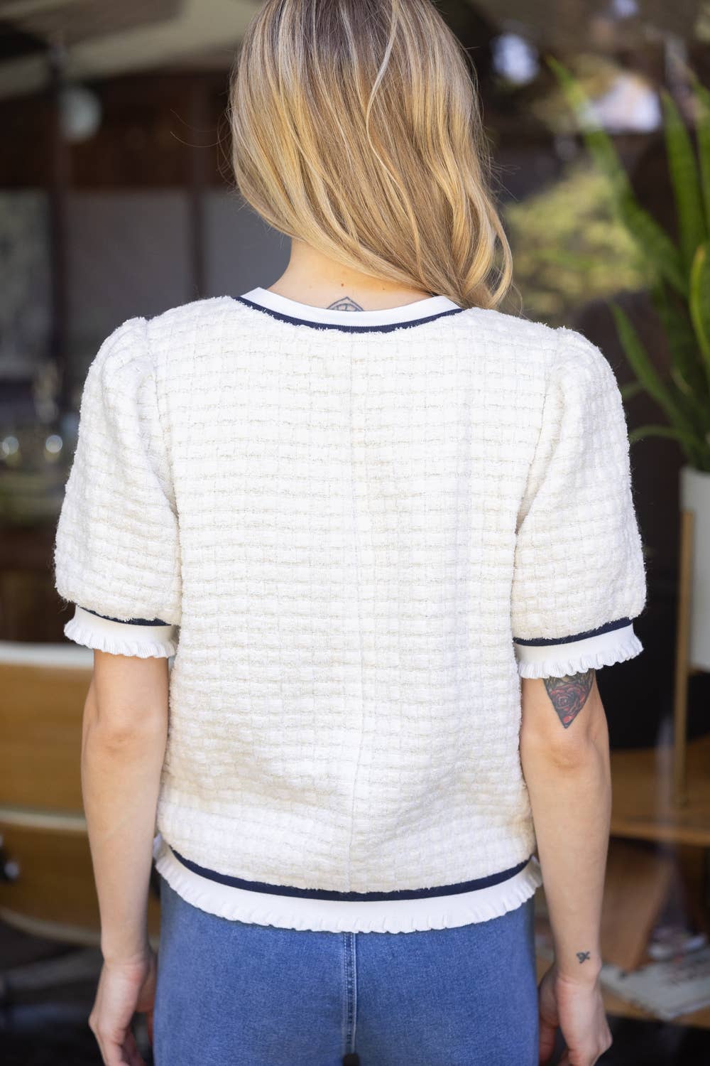 Tweed Puff Sleeve Stripe Ruffle Band Top: Ivory