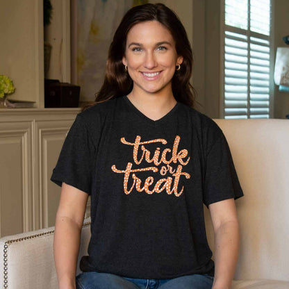 Trick or Treat V-Neck T-Shirt   Black/White/Orange   -Asst.: Small
