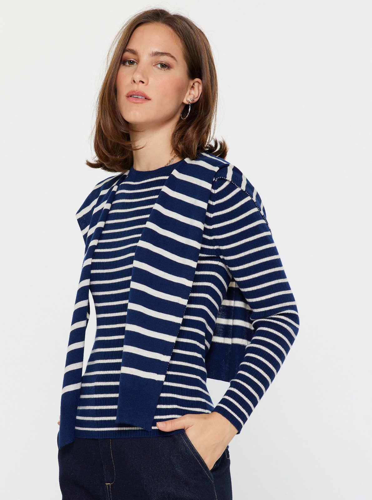 Striped Long Sleeve Sweater W/faux Cardigan by Current Air: Navy Stripe