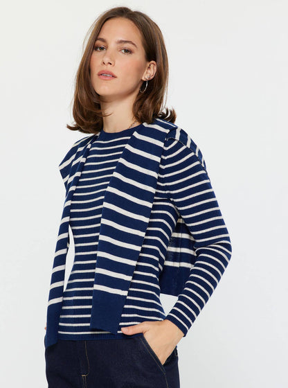 Striped Long Sleeve Sweater W/faux Cardigan by Current Air: Navy Stripe