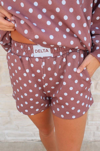 Brown &amp; Blue Dot Delta T Mockneck Set: S/M