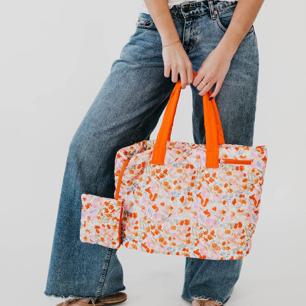 Presley Puffer Quilted Tote Bag With Pouch: Blue