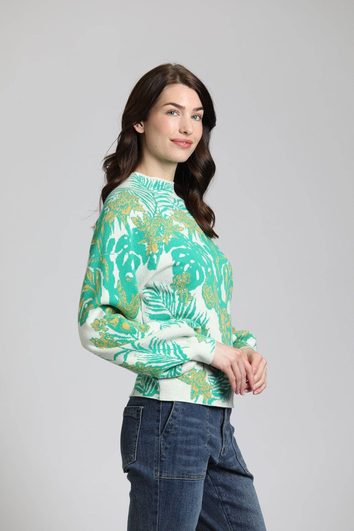 Ivory Foliage Sweater w/Puff Sleeve: MULTI / S