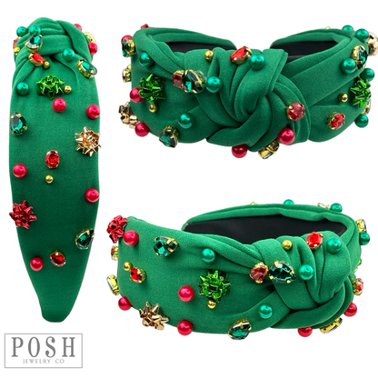 Christmas color rhinestone headband with gift bow and bead charms: Green