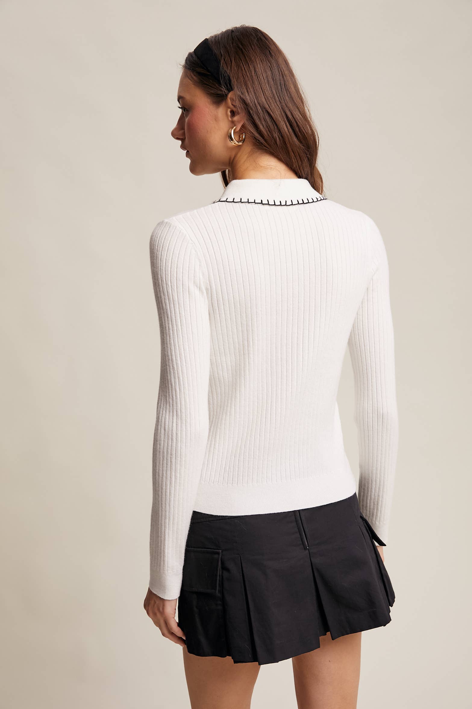 Contrast Stitch Ribbed Knit Top LSW0998: Black / M