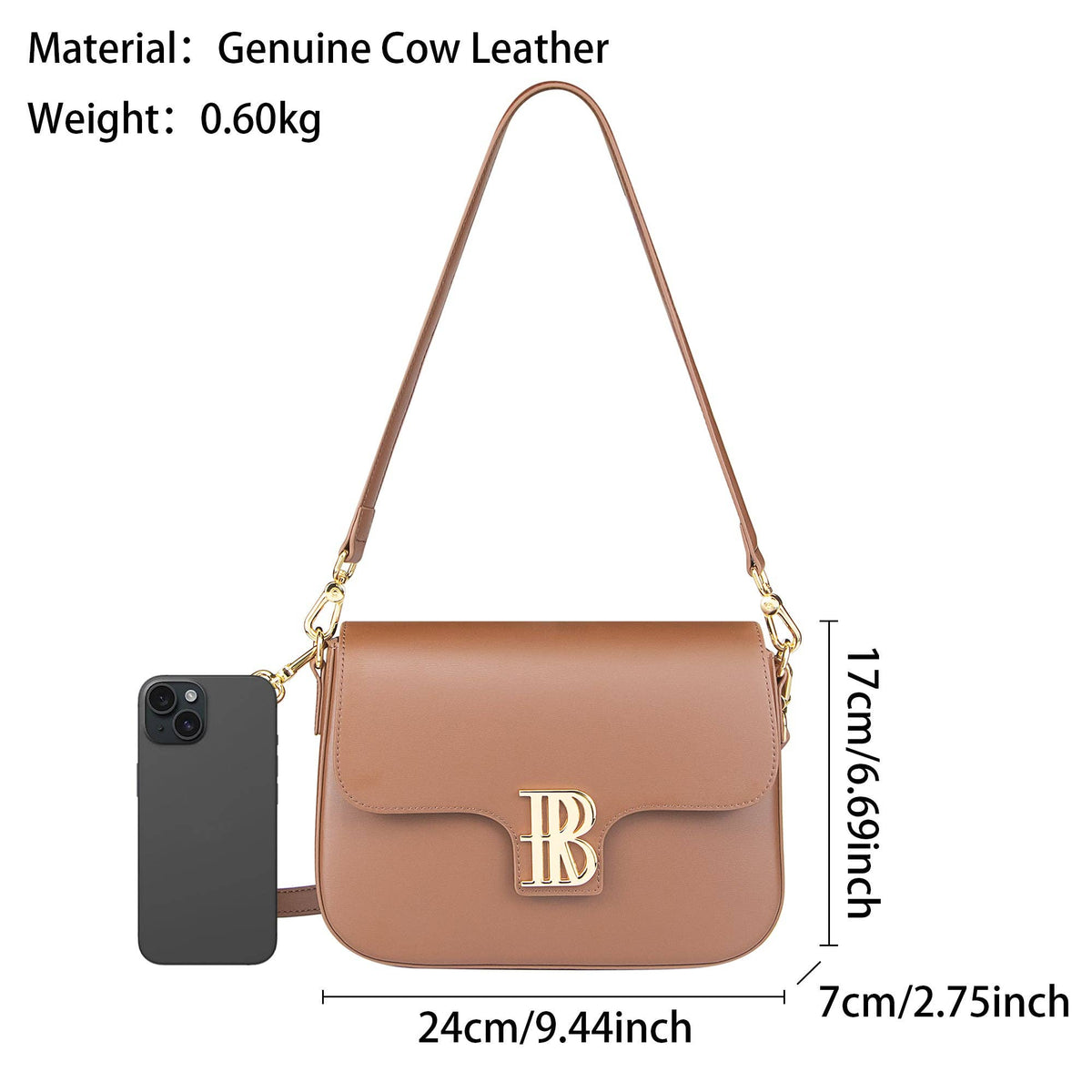 Real Leather Crossbody Box Bag: Brown