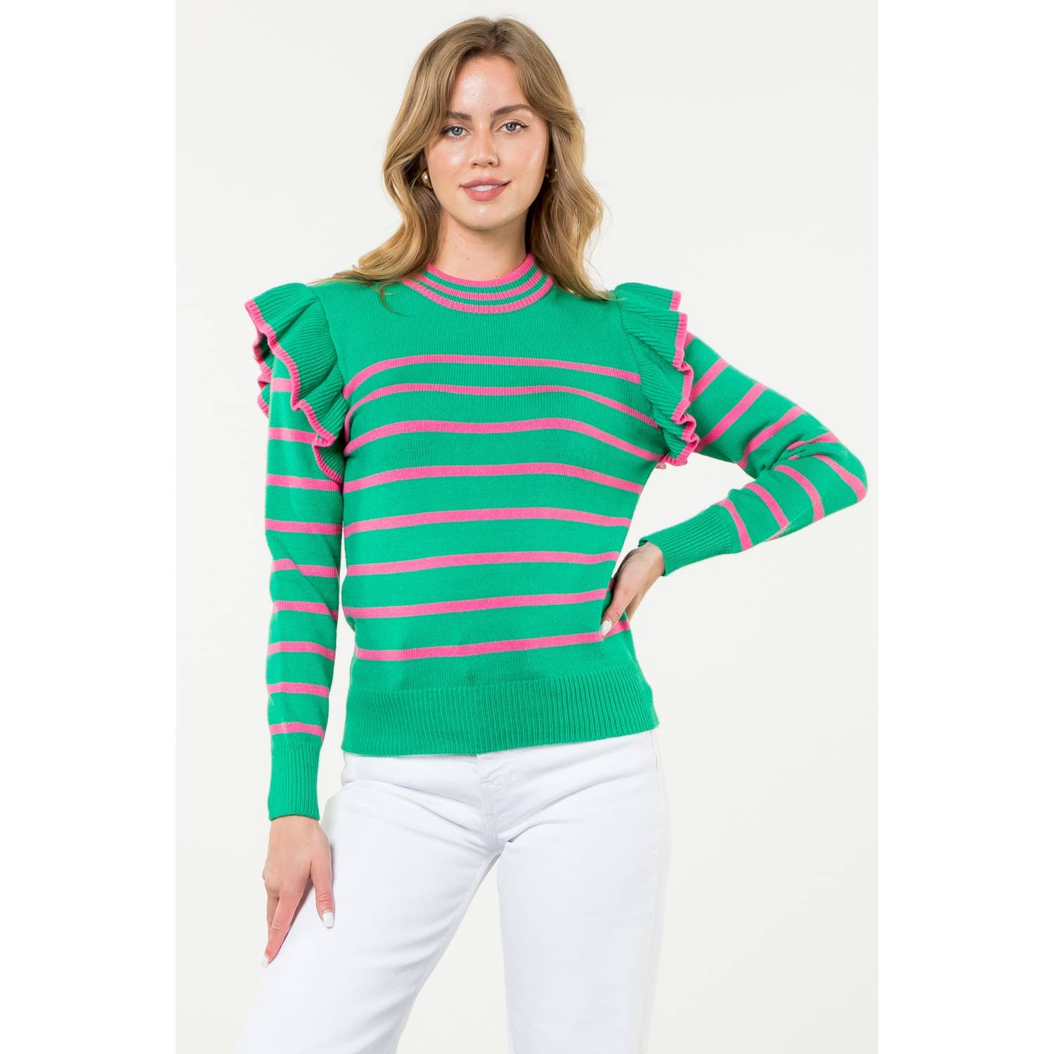 Flutter Detail Striped Sweater: GREEN / M