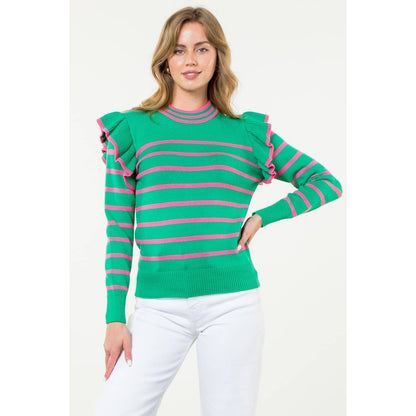 Flutter Detail Striped Sweater: GREEN / M