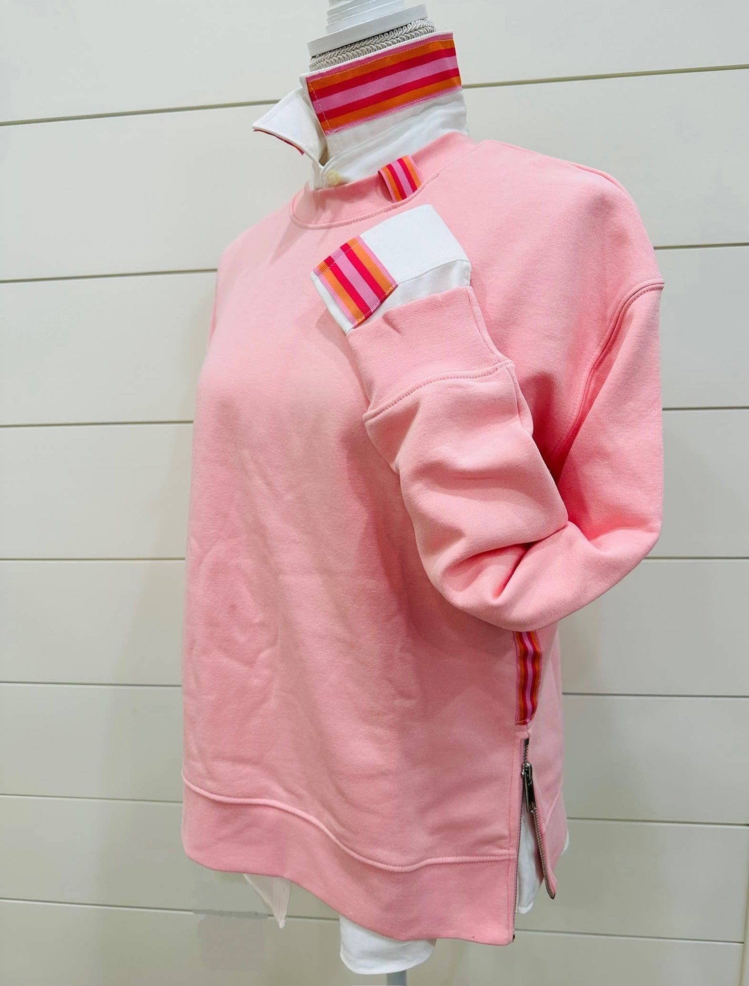 Danny Sweatshirt - Pink w Pink &amp; Orange Stripe Ribbon: Pink w Pink &amp; Orange Stripe Ribbon / M (8-10) L (12-14)