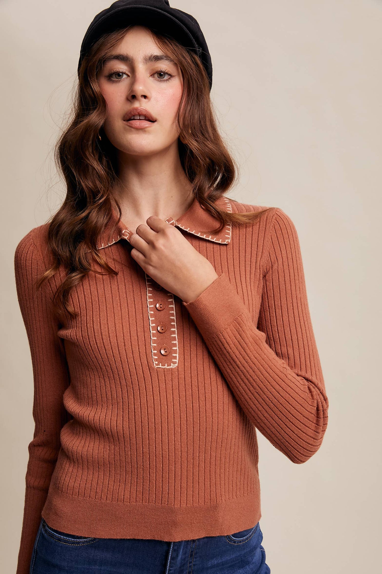 Contrast Stitch Ribbed Knit Top LSW0998: Black / M
