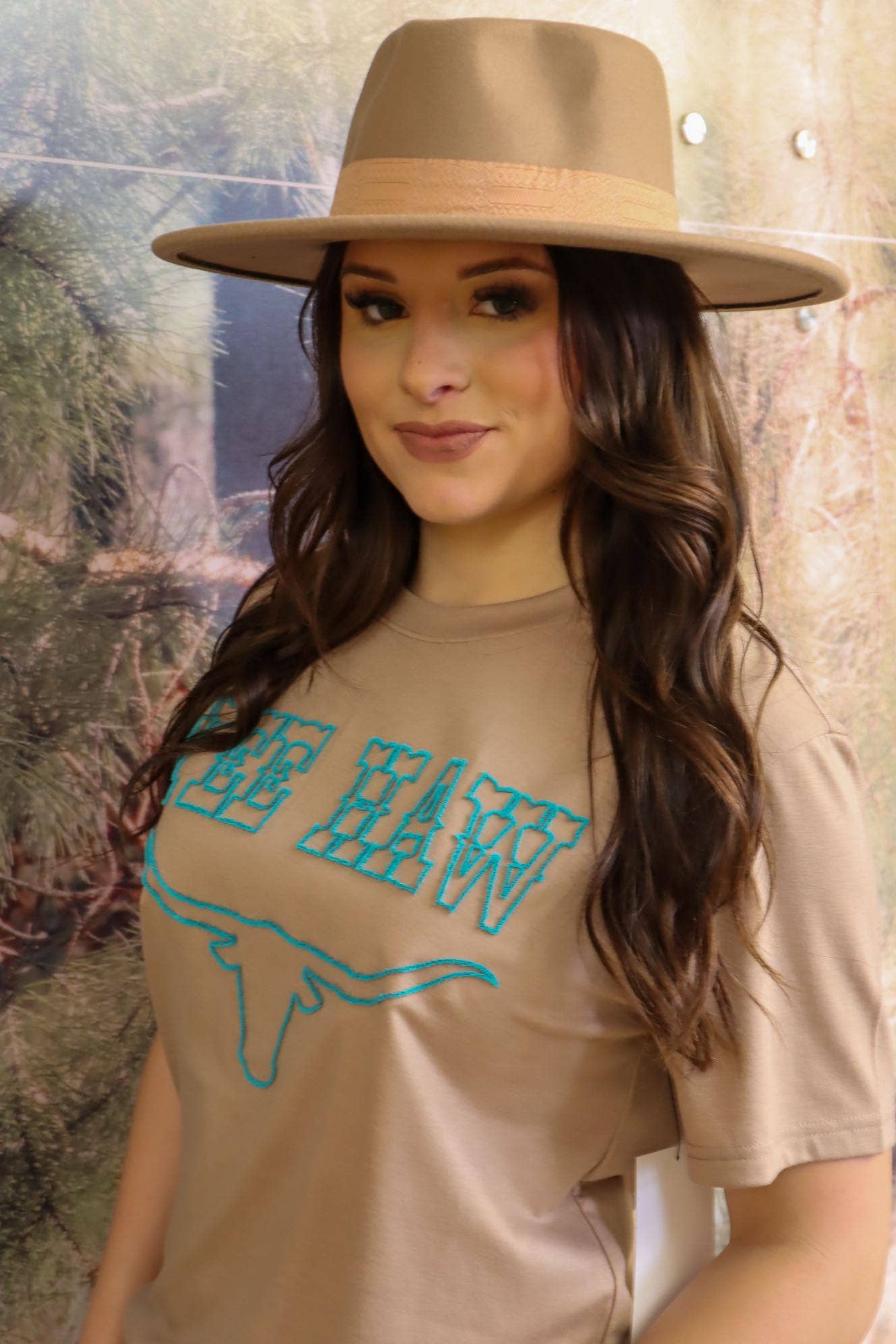 YEE HAW! Longhorn Embroidered Tee: Tan / M
