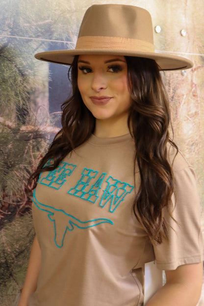 YEE HAW! Longhorn Embroidered Tee: Tan / M