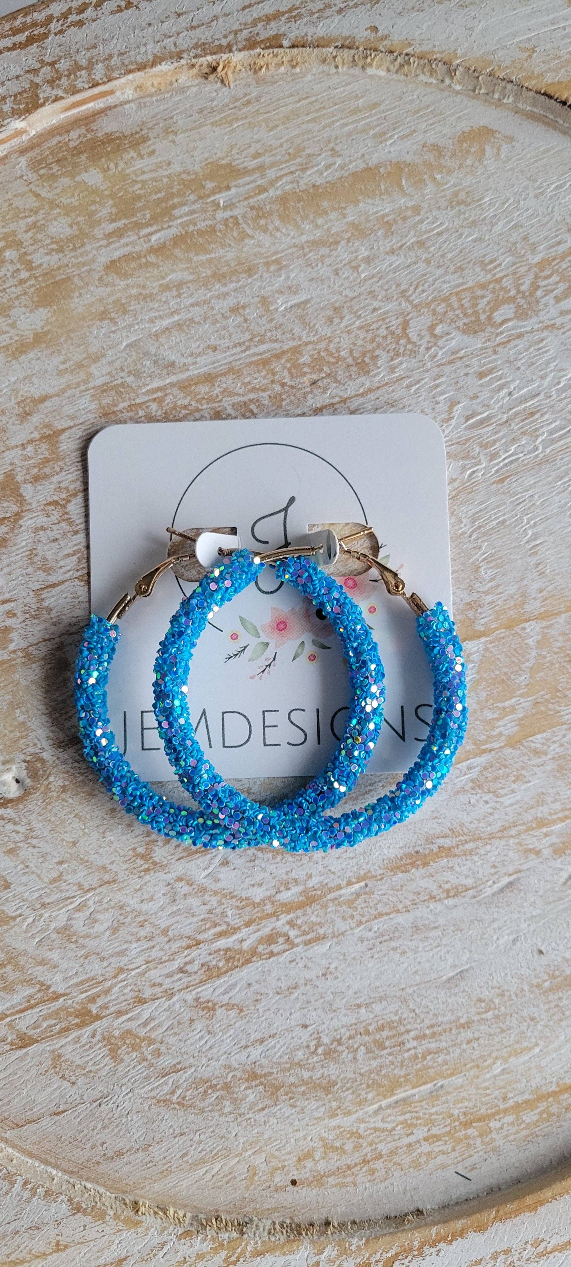 Blue Glitter Hoop Earrings