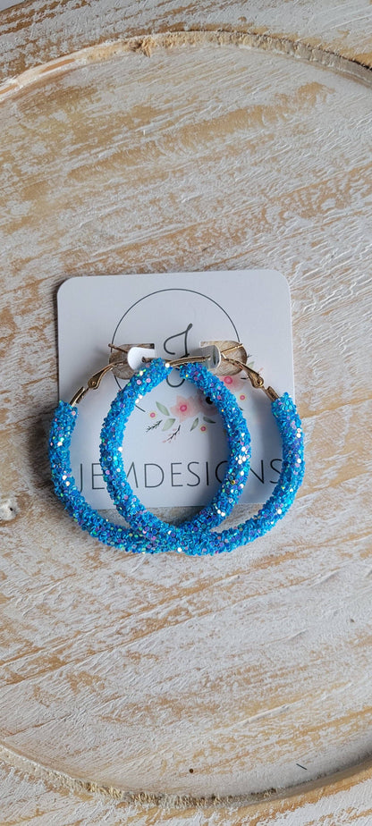 Blue Glitter Hoop Earrings