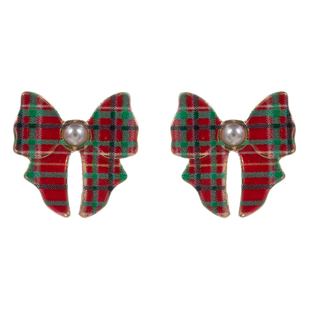 Pearl Accent Holiday Plaid Bow Stud Earrings: Green,Red