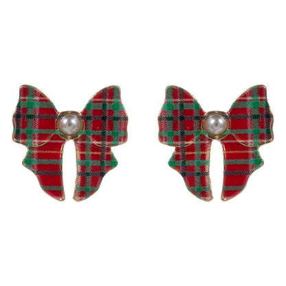 Pearl Accent Holiday Plaid Bow Stud Earrings: Green,Red